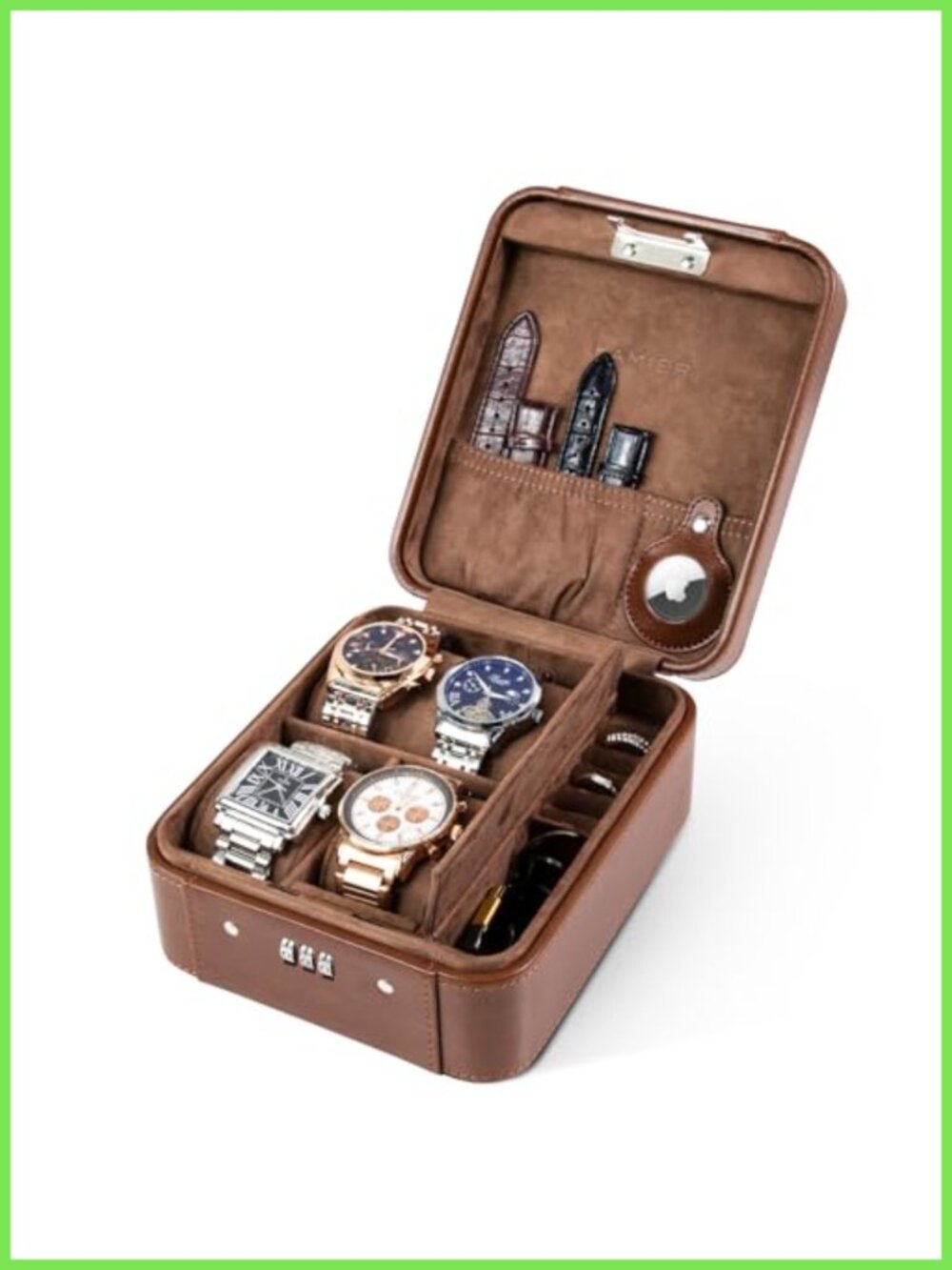 Leather Watch Travel Case 4 Slot Lock Jewelry Storage Organizer